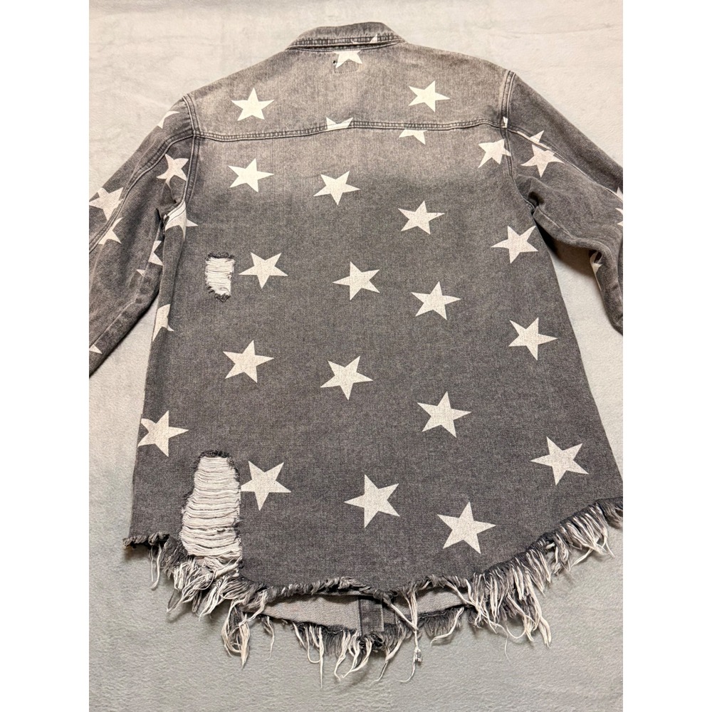 Blue‎ Buttercup Womens Distressed Gray Star Denim Button Up Shirt Grunge - Picture 7 of 8